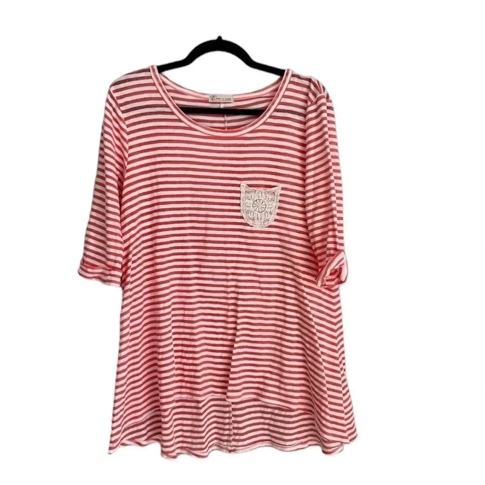 Tea N Rose Boutique Women's 3/4 Sleeve White & Salmon Striped Top Sz S GUC